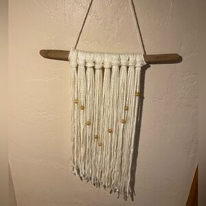 Vintage Boho Macrame Wall Hanging Driftwood Branch Wood Bead 19" x 25" MCM Decor